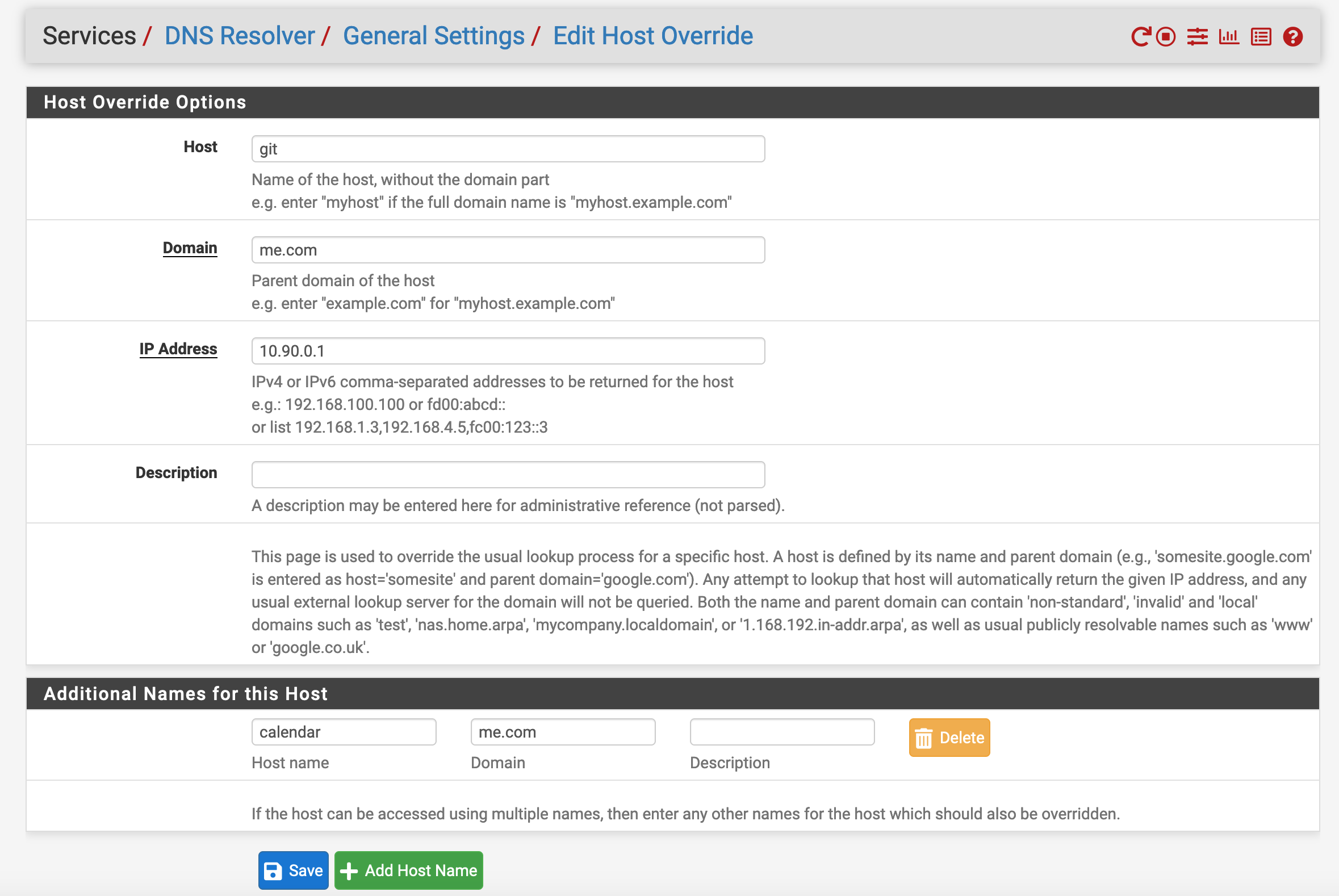 Services / DNS Resolver / General Settings / Host Override